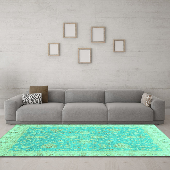 Machine Washable Oriental Turquoise Traditional Area Rugs in a Living Room,, wshabs3783turq