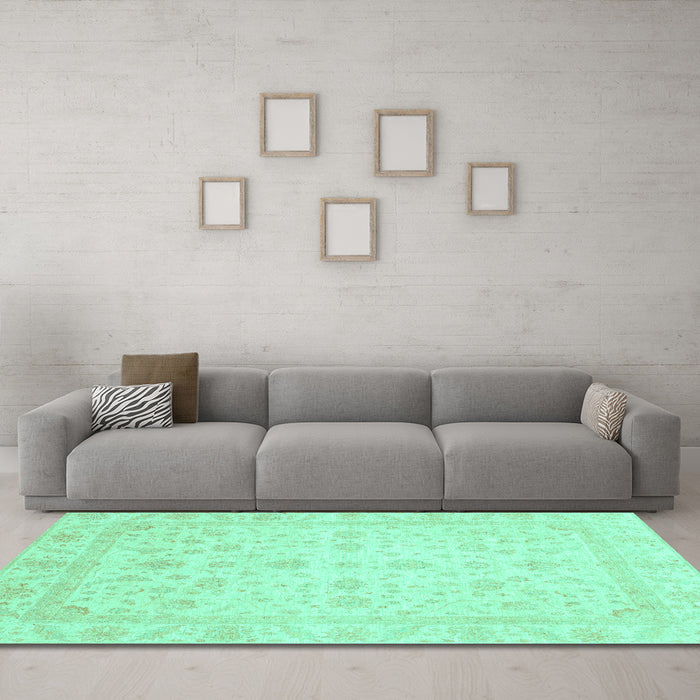 Machine Washable Oriental Turquoise Traditional Area Rugs in a Living Room,, wshabs3784turq