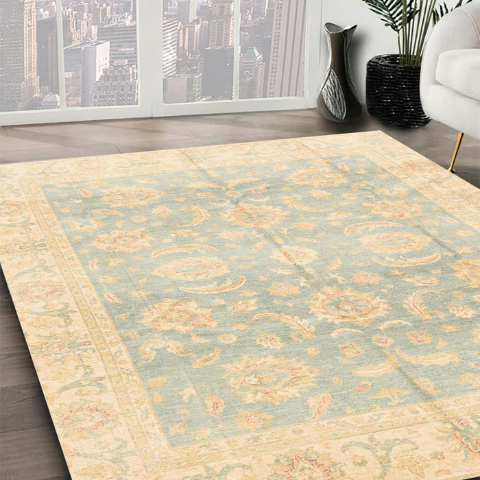 Abstract Khaki Gold Oriental Rug in Family Room, abs3786