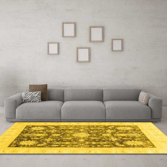 Machine Washable Oriental Yellow Traditional Rug in a Living Room, wshabs3787yw