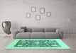 Machine Washable Oriental Turquoise Traditional Area Rugs in a Living Room,, wshabs3787turq