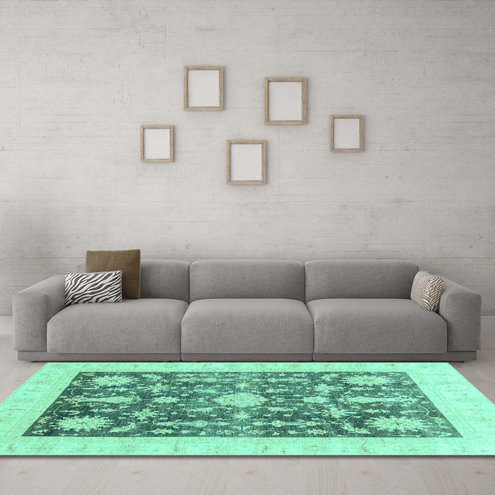Machine Washable Oriental Turquoise Traditional Area Rugs in a Living Room,, wshabs3787turq