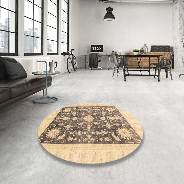 Round Abstract Dark Almond Brown Oriental Rug in a Office, abs3787
