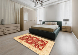 Abstract Orange Red Oriental Rug in a Bedroom, abs3788