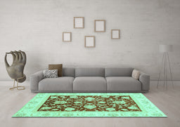 Machine Washable Oriental Turquoise Traditional Area Rugs in a Living Room,, wshabs3788turq