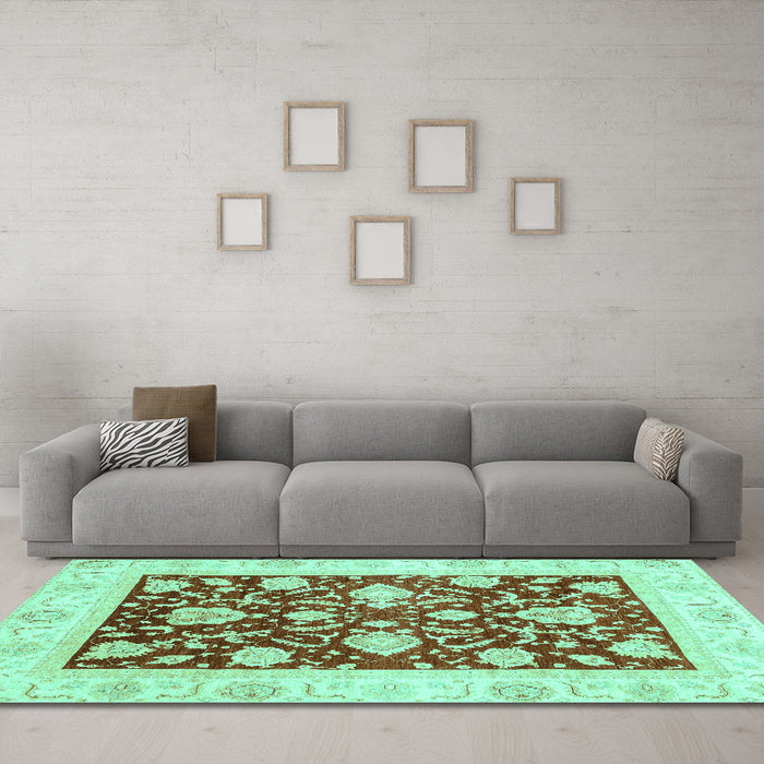 Machine Washable Oriental Turquoise Traditional Area Rugs in a Living Room,, wshabs3788turq