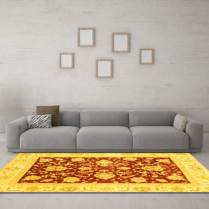 Machine Washable Oriental Yellow Traditional Rug in a Living Room, wshabs3788yw