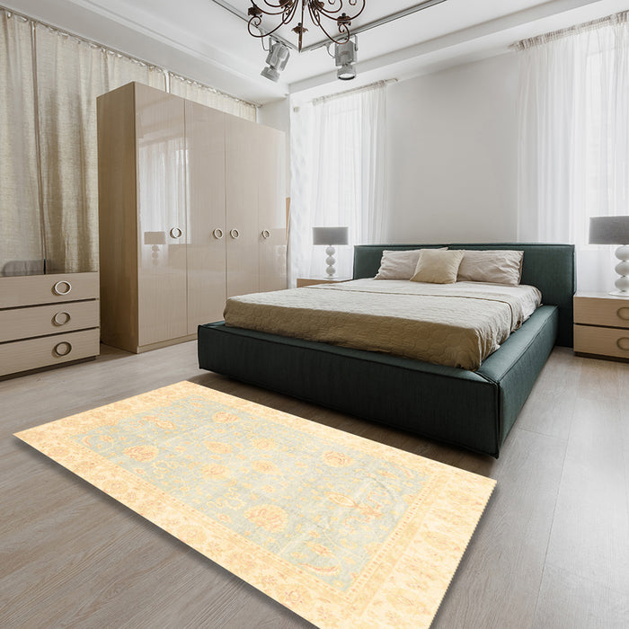 Abstract Brown Gold Oriental Rug in a Bedroom, abs3789