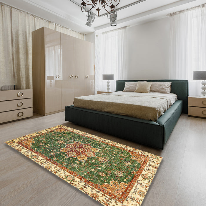 Machine Washable Abstract Ginger Brown Green Rug in a Bedroom, wshabs378
