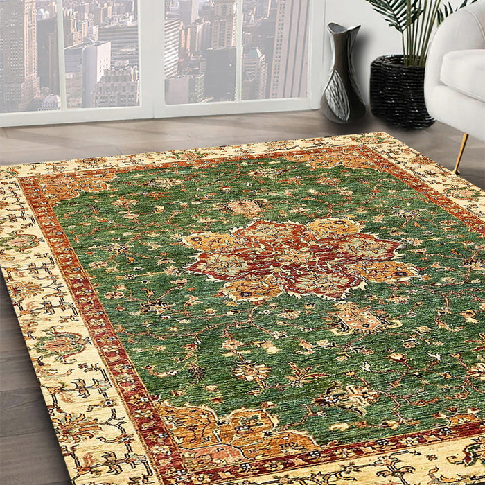 Machine Washable Abstract Ginger Brown Green Rug in a Family Room, wshabs378