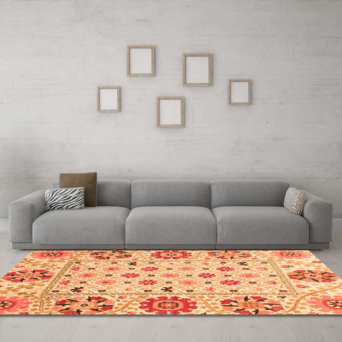 Machine Washable Abstract Orange Modern Area Rugs in a Living Room, wshabs3792org