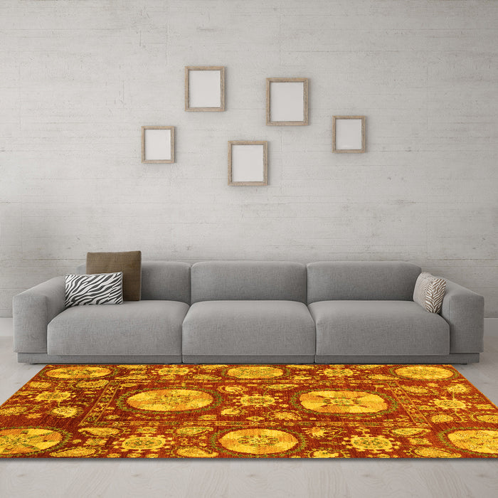 Machine Washable Abstract Yellow Modern Rug in a Living Room, wshabs3795yw