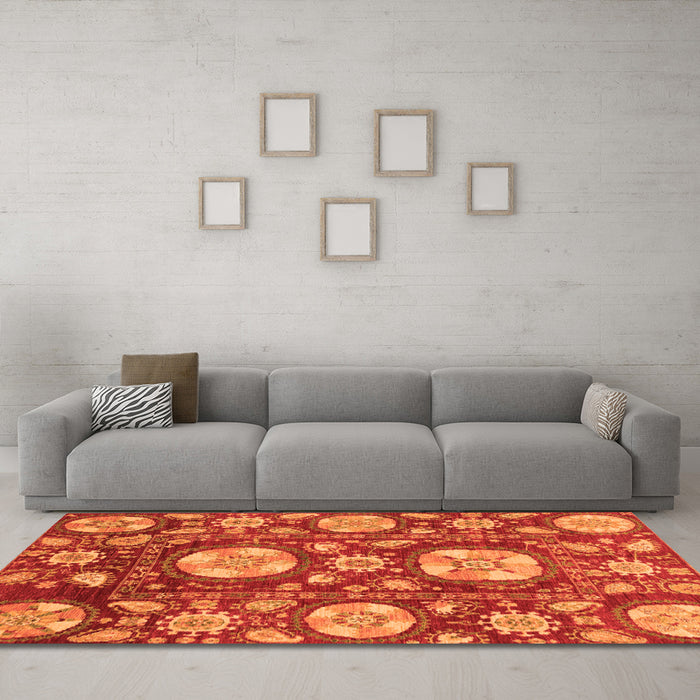 Machine Washable Abstract Orange Modern Area Rugs in a Living Room, wshabs3795org