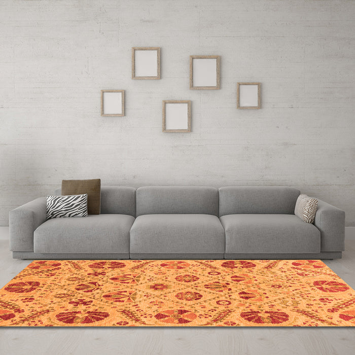 Machine Washable Abstract Orange Modern Area Rugs in a Living Room, wshabs3797org