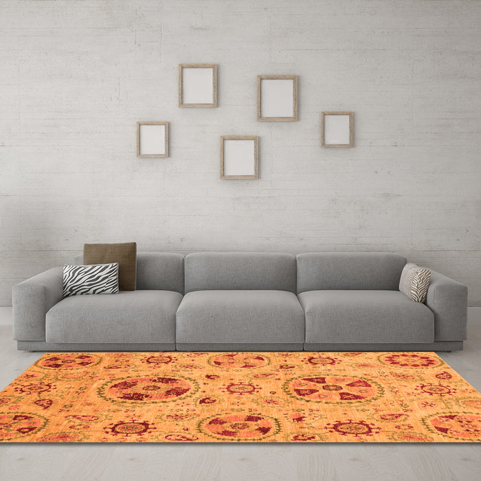 Machine Washable Abstract Orange Modern Area Rugs in a Living Room, wshabs3798org