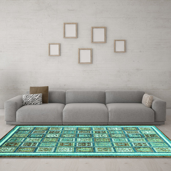 Machine Washable Abstract Turquoise Modern Area Rugs in a Living Room,, wshabs379turq