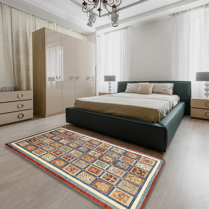 Abstract Chestnut Brown Modern Rug in a Bedroom, abs379
