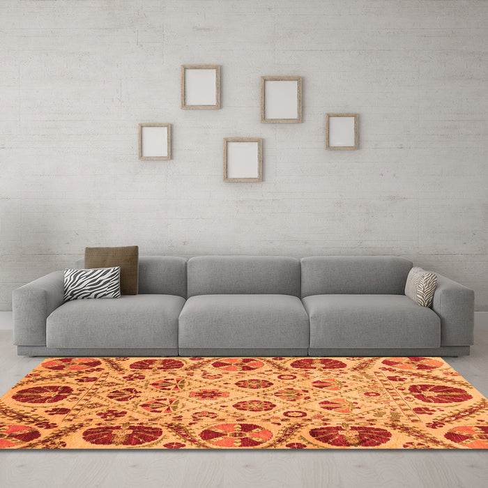 Machine Washable Abstract Orange Modern Area Rugs in a Living Room, wshabs3800org