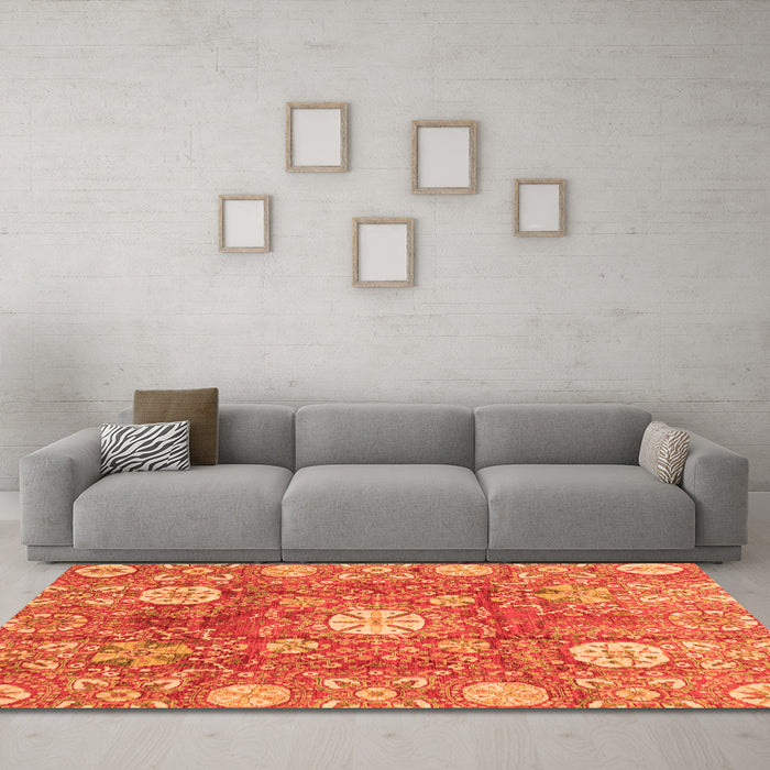 Machine Washable Abstract Orange Modern Area Rugs in a Living Room, wshabs3801org