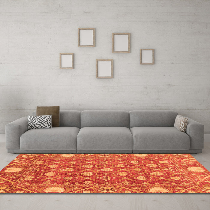 Machine Washable Abstract Orange Modern Area Rugs in a Living Room, wshabs3802org
