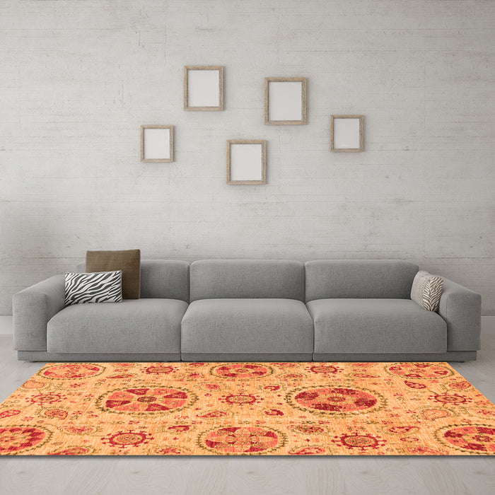 Machine Washable Abstract Orange Modern Area Rugs in a Living Room, wshabs3805org