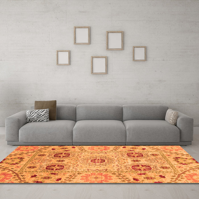 Machine Washable Abstract Orange Modern Area Rugs in a Living Room, wshabs3807org