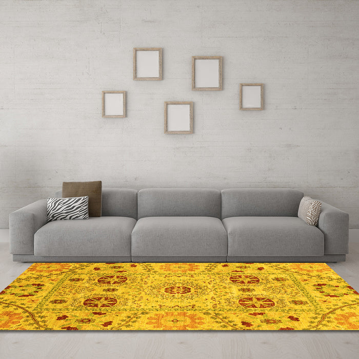 Machine Washable Abstract Yellow Modern Rug in a Living Room, wshabs3807yw