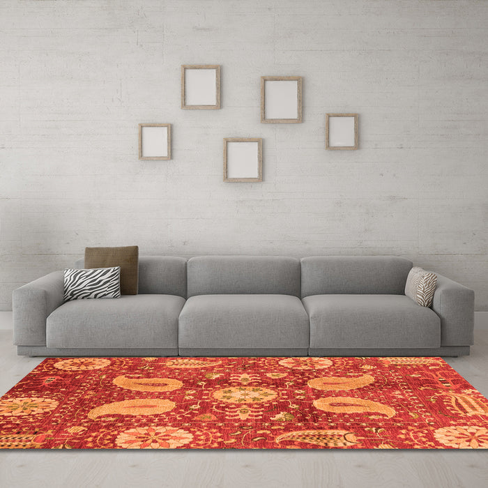 Machine Washable Abstract Orange Modern Area Rugs in a Living Room, wshabs3809org