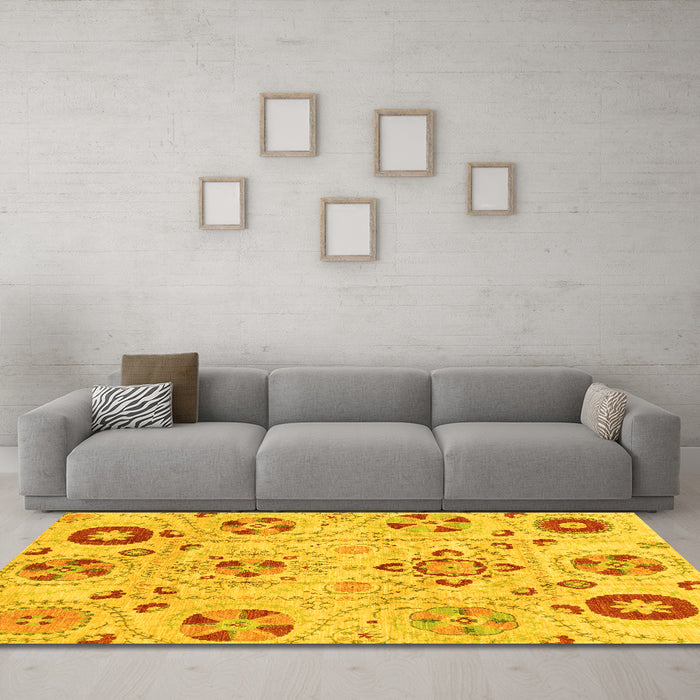 Machine Washable Abstract Yellow Modern Rug in a Living Room, wshabs3812yw