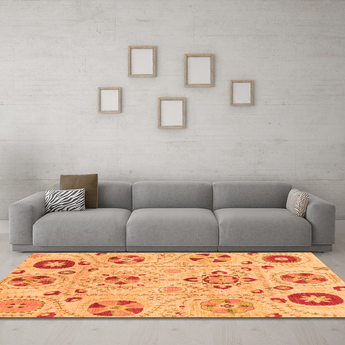 Machine Washable Abstract Orange Modern Area Rugs in a Living Room, wshabs3812org