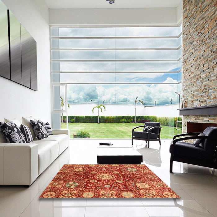 Square Abstract Red Modern Rug in a Living Room, abs3813