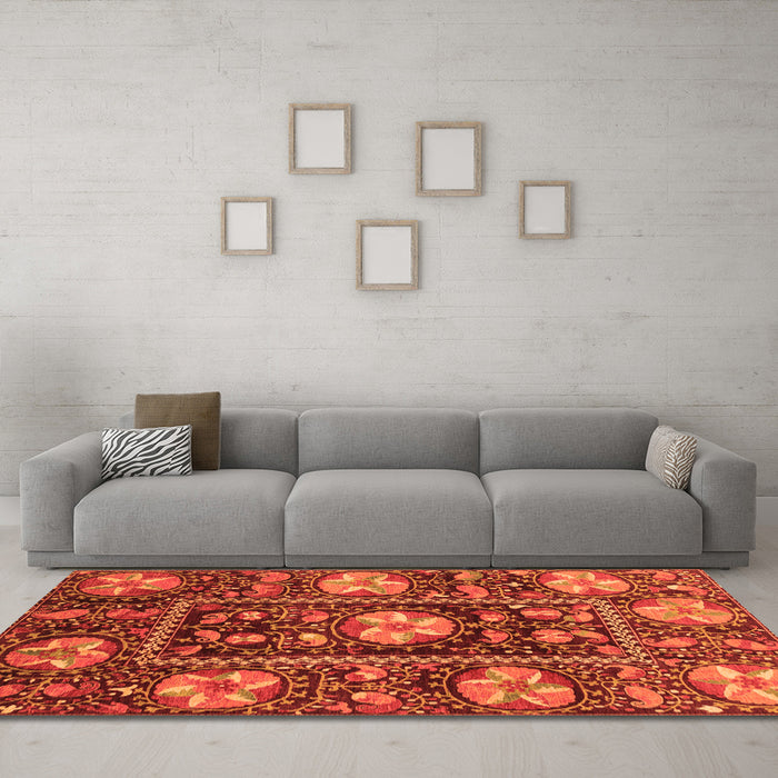 Machine Washable Abstract Orange Modern Area Rugs in a Living Room, wshabs3814org
