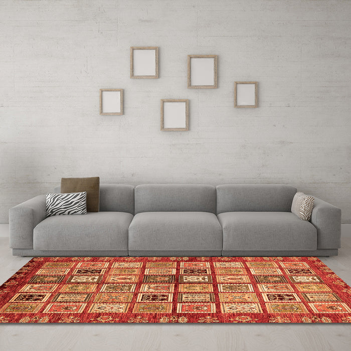 Machine Washable Abstract Orange Modern Area Rugs in a Living Room, wshabs381org