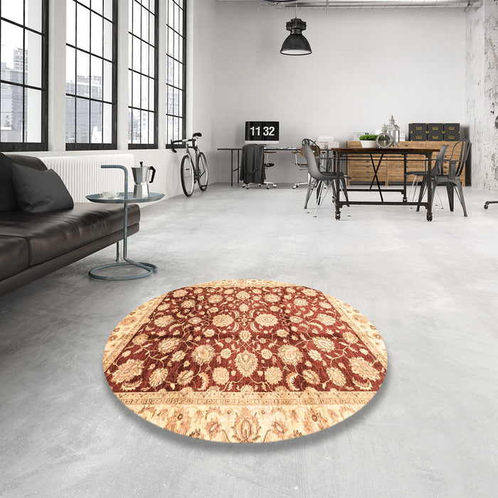 Round Machine Washable Abstract Brown Gold Rug in a Office, wshabs3822