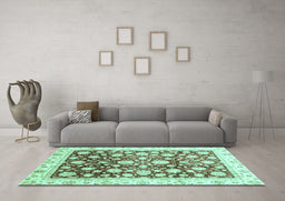 Machine Washable Oriental Turquoise Traditional Area Rugs in a Living Room,, wshabs3822turq
