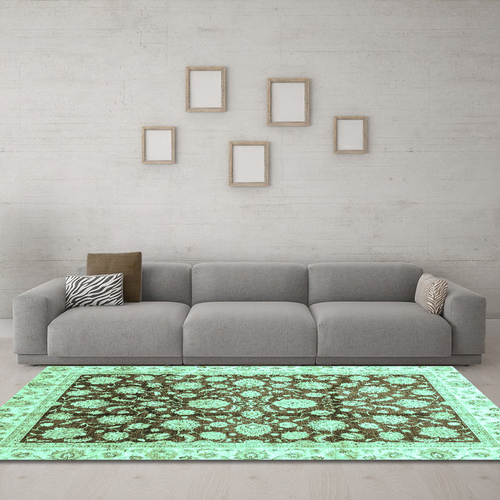 Machine Washable Oriental Turquoise Traditional Area Rugs in a Living Room,, wshabs3822turq