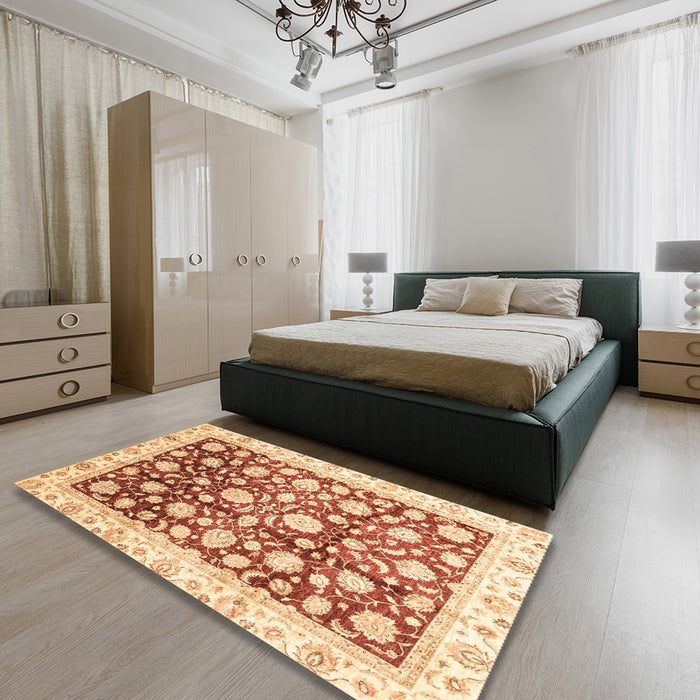 Machine Washable Abstract Brown Gold Rug in a Bedroom, wshabs3822