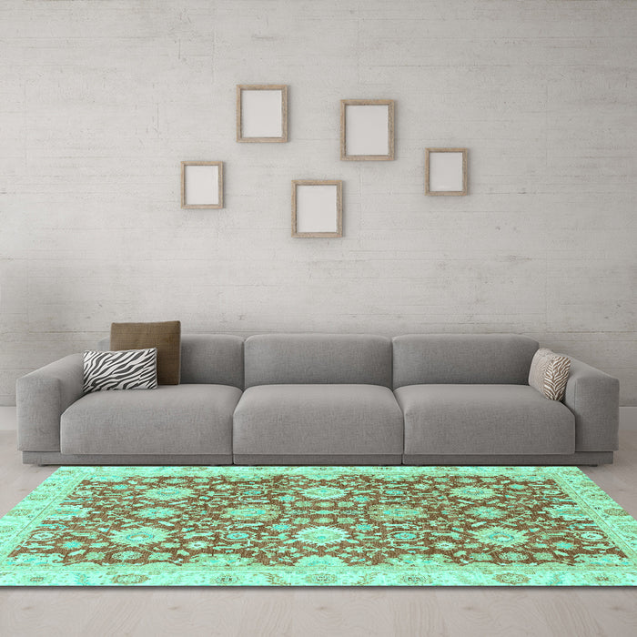 Machine Washable Oriental Turquoise Traditional Area Rugs in a Living Room,, wshabs3823turq