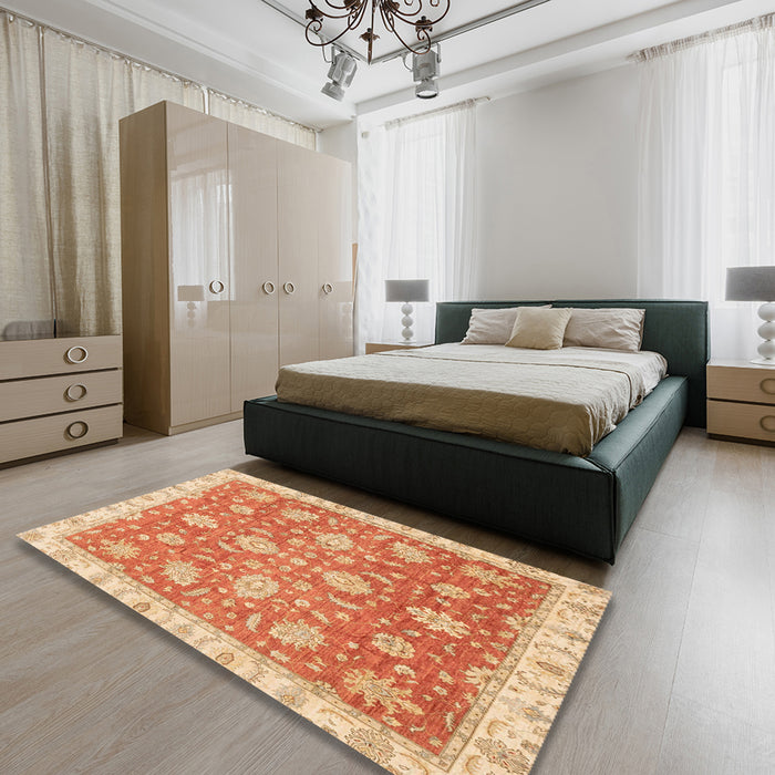 Abstract Orange Red Oriental Rug in a Bedroom, abs3825