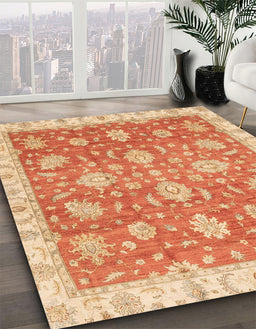 Abstract Orange Red Oriental Rug in Family Room, abs3825