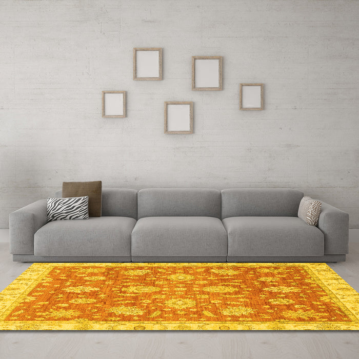Machine Washable Oriental Yellow Traditional Rug in a Living Room, wshabs3825yw