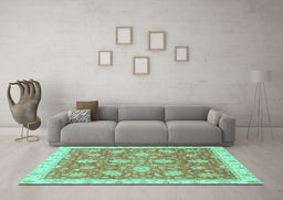 Machine Washable Oriental Turquoise Traditional Area Rugs in a Living Room,, wshabs3825turq