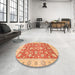 Round Machine Washable Abstract Orange Red Rug in a Office, wshabs3826