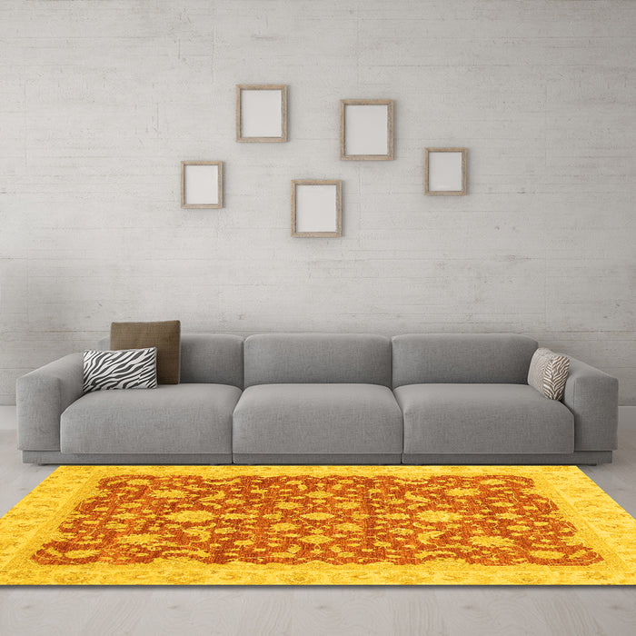 Machine Washable Oriental Yellow Traditional Rug in a Living Room, wshabs3827yw