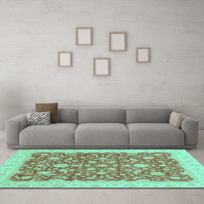 Machine Washable Oriental Turquoise Traditional Area Rugs in a Living Room,, wshabs3827turq