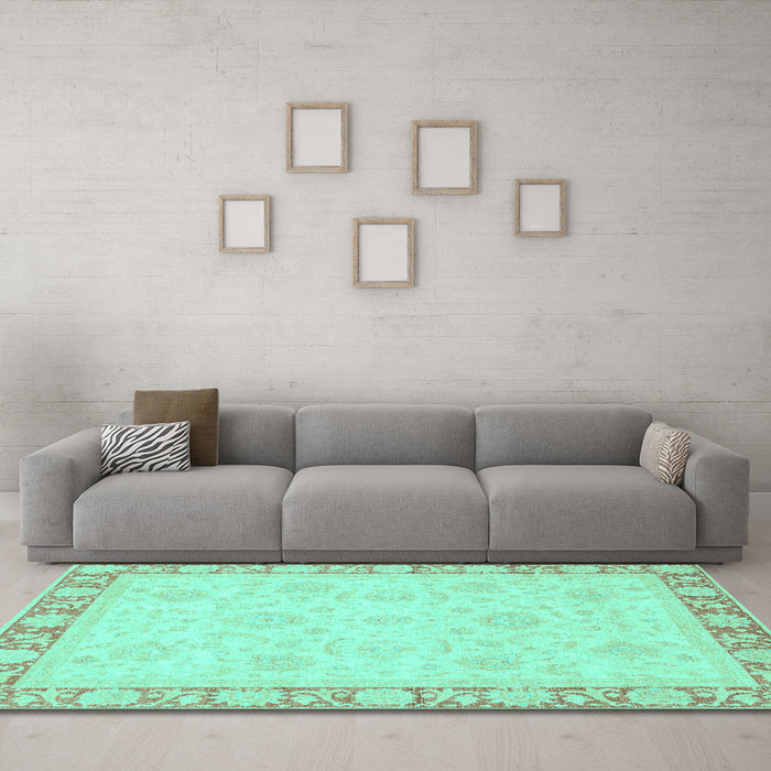 Machine Washable Abstract Turquoise Modern Area Rugs in a Living Room,, wshabs3828turq