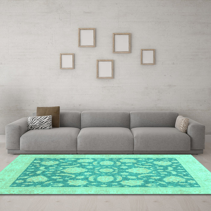 Machine Washable Oriental Turquoise Traditional Area Rugs in a Living Room,, wshabs3830turq