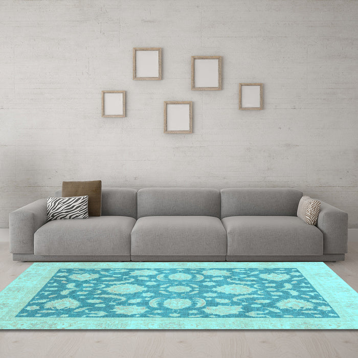 Machine Washable Oriental Light Blue Traditional Rug in a Living Room, wshabs3830lblu