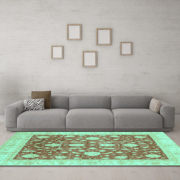 Machine Washable Oriental Turquoise Traditional Area Rugs in a Living Room,, wshabs3831turq