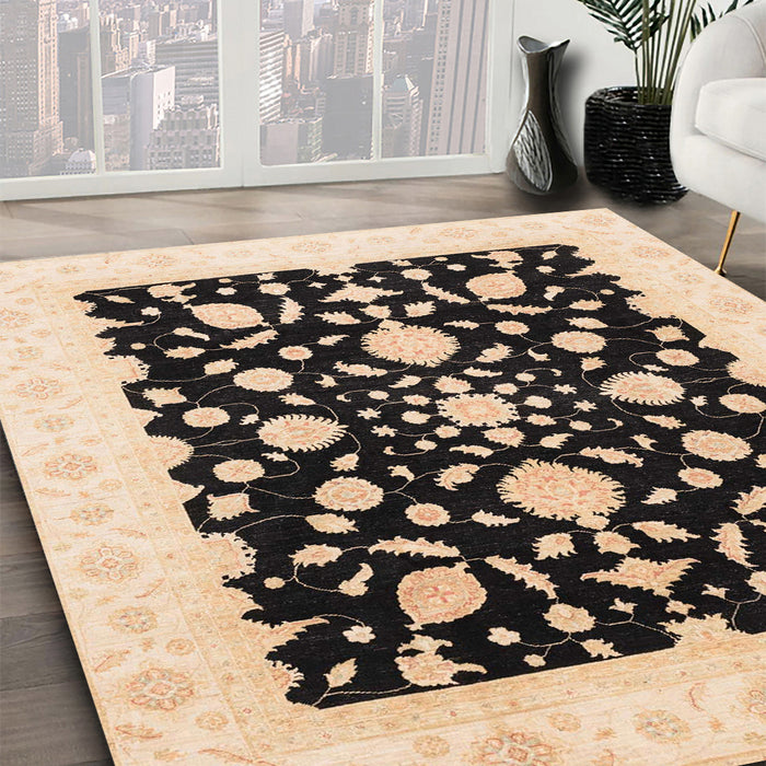 Abstract Dark Brown Oriental Rug in Family Room, abs3832